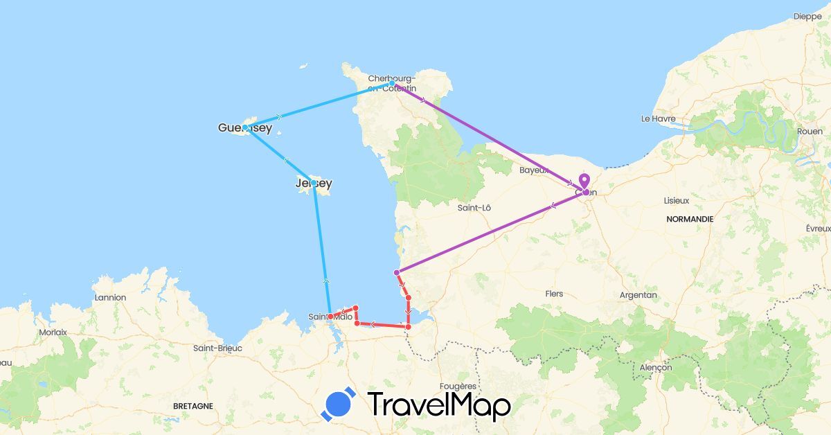 TravelMap itinerary: driving, train, hiking, boat in France, Guernsey, Jersey (Europe)